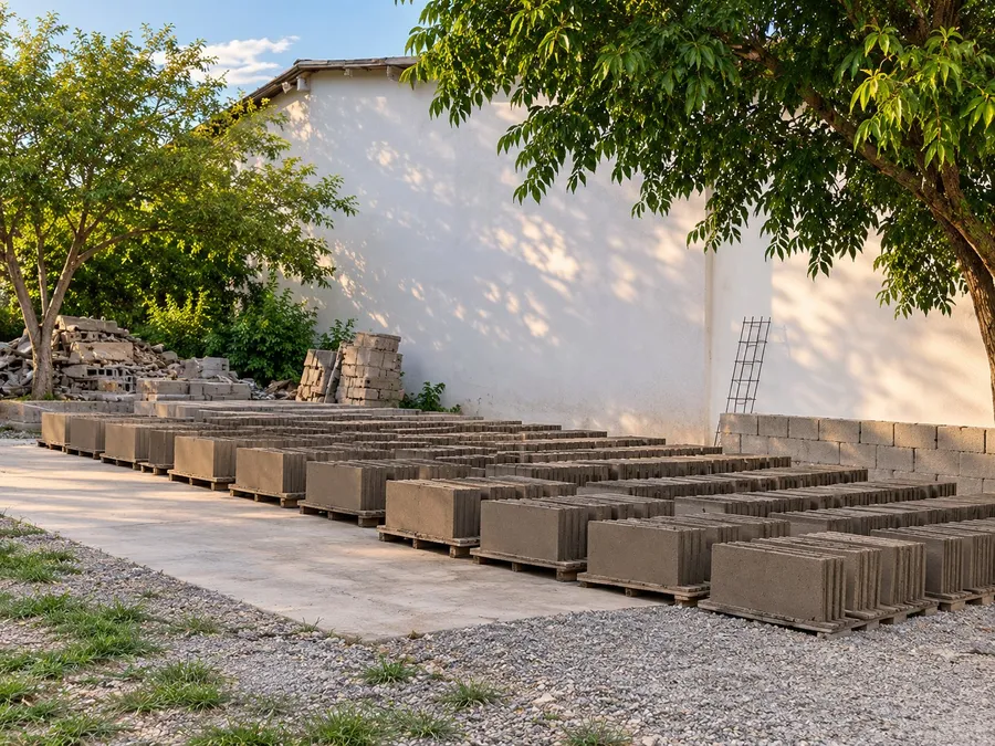 Muchos bloques de concreto apilados sobre tarimas en un patio, con una barda blanca y árboles al fondo