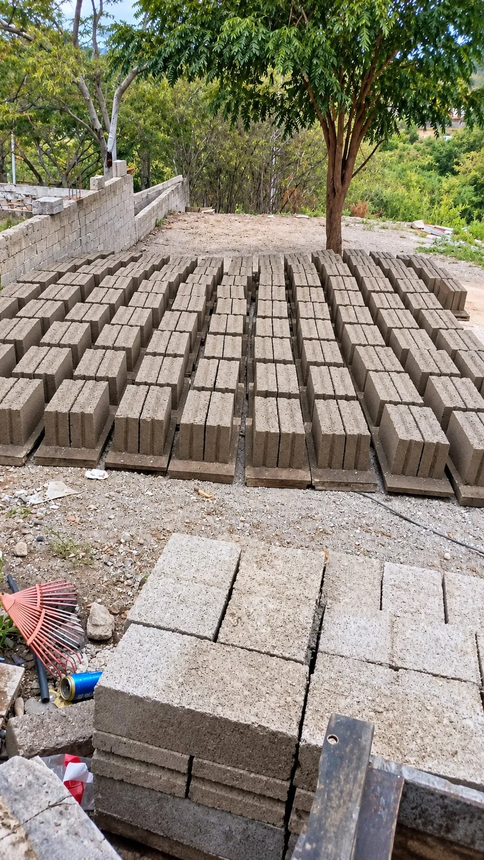 Hileras de bloques de concreto secándose sobre tarimas en el suelo, con una pila de bloques terminados al frente