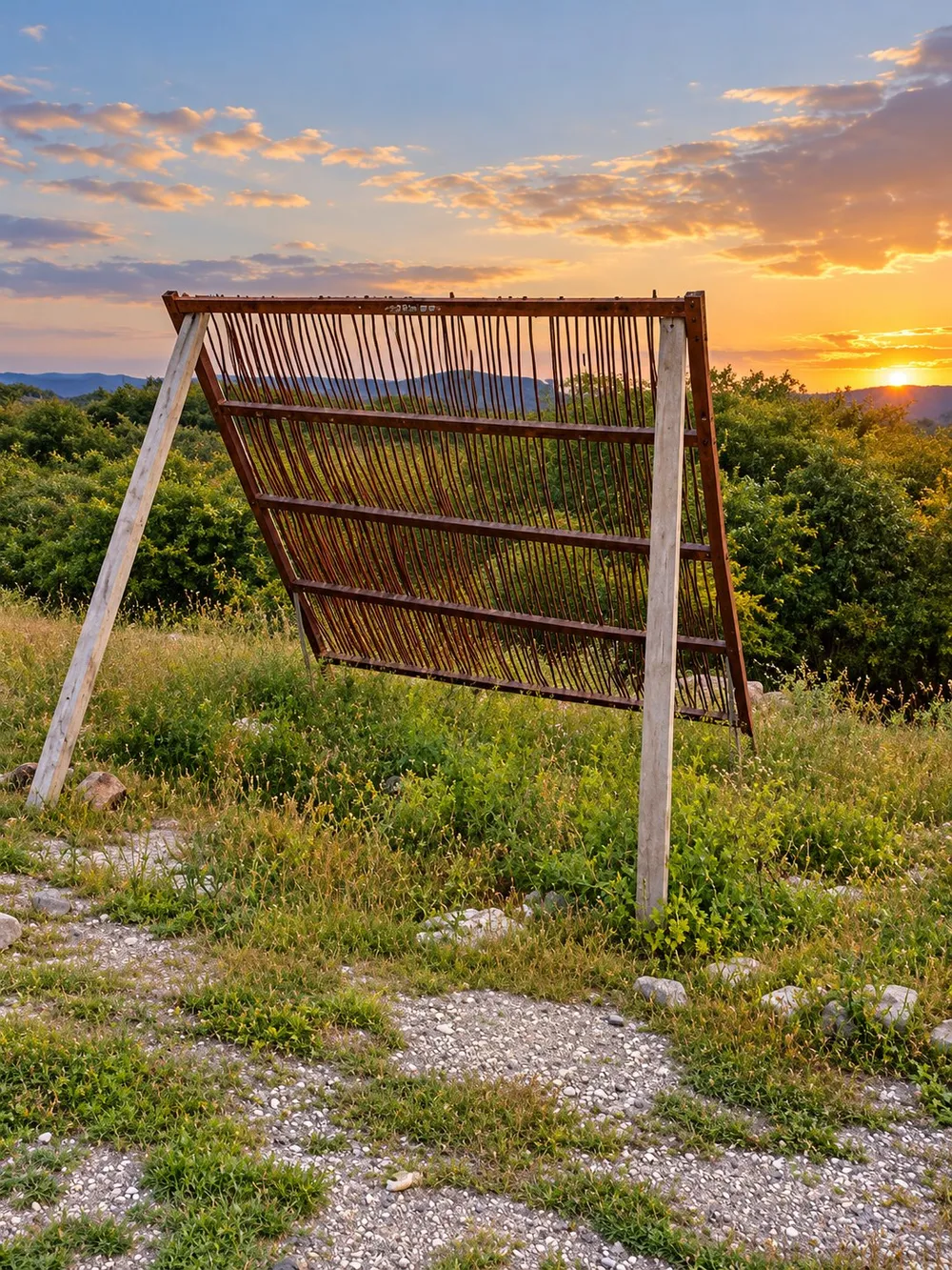 Una estructura de tablas de madera sobre postes en un terreno con pasto al atardecer